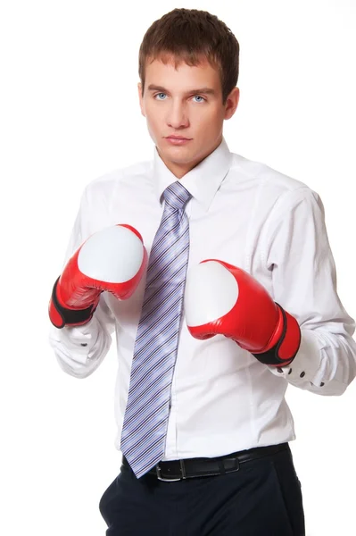 Fiatal üzletember bokszkesztyűvel — Stock Fotó