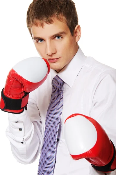 Jovem empresário com luvas de boxe — Fotografia de Stock