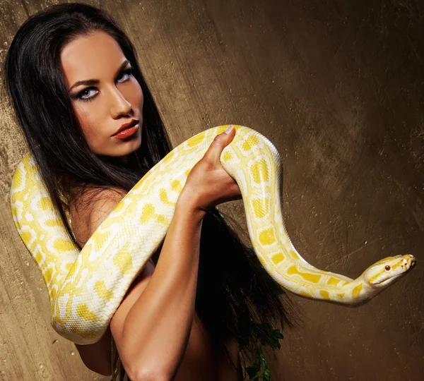 Mulher morena atraente com python — Fotografia de Stock