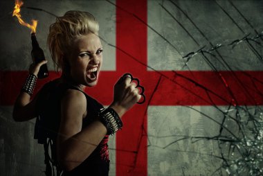 Punk girl with Molotov cockatail against England flag. clipart