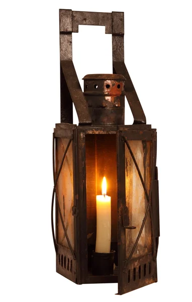 Oude lamp met brandende kaars Rechtenvrije Stockfoto's
