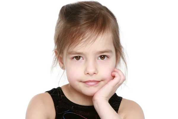 Entzückendes kleines Mädchen auf weißem Hintergrund. Porträt aus nächster Nähe — Stockfoto