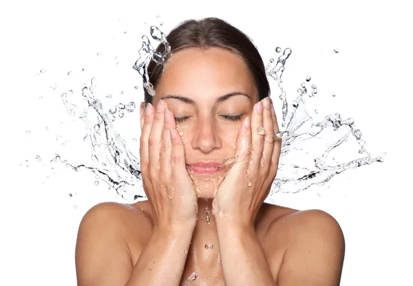 Bonito rosto mulher molhada com gota de água Fotos De Bancos De Imagens