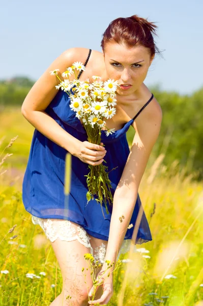 여름 풀밭입니다. chamomiles의 무리와 함께 아름 다운 여자 — 스톡 사진