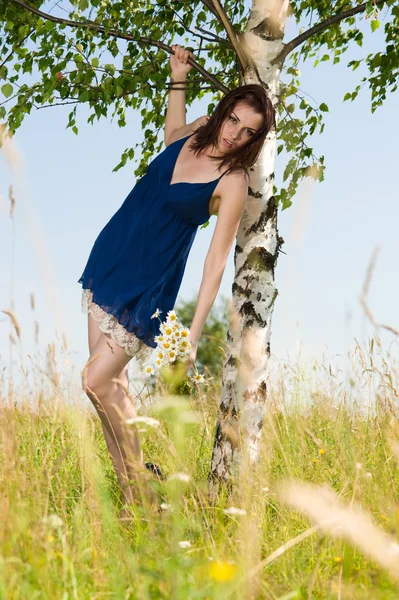 Beautiful woman at the birch. Summer meadow — Stock Photo, Image