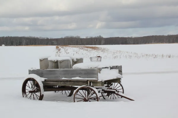 Antika trä vagn i snöiga fältet. Stockfoto