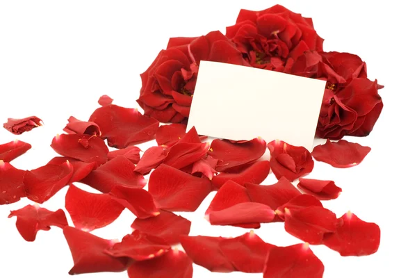 Rote Rosen mit einer leeren Note — Stockfoto