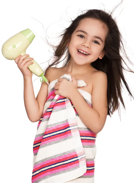 Bambina con asciugacapelli — Foto Stock