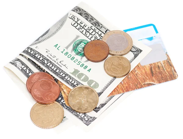 Coins over bills — Stock Photo, Image