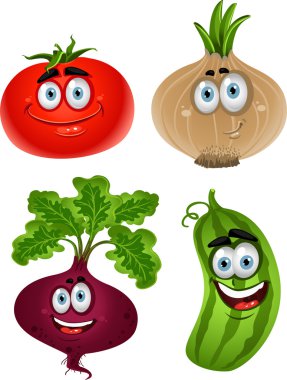 Funny cartoon cute vegetables - tomato, beet, cucumber, onion clipart