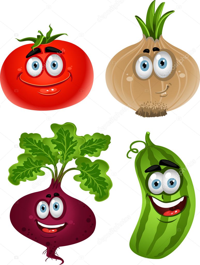 Funny cartoon cute vegetables - tomato, beet, cucumber, onion