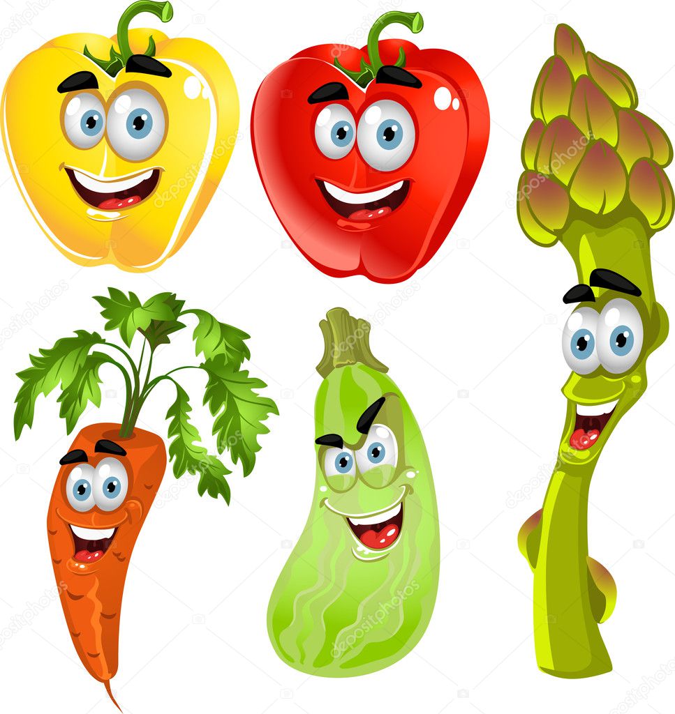Funny cute vegetables - peppers, asparagus, carrots, zucchini