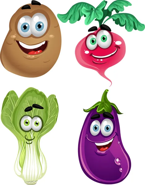 Hortalizas lindos dibujos animados divertidos - patatas, berenjenas, lechuga, rábanos — Vector de stock