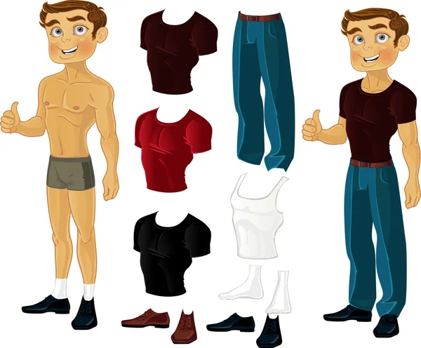 Doll-Vestito con una serie di vestiti - jeans e una serie di magliette colorate — Vettoriale Stock