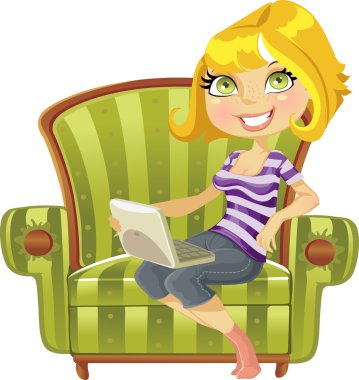 Cute blond girl with a laptop in a chair clipart