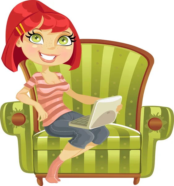 Linda garota com um laptop em uma cadeira — Vetor de Stock