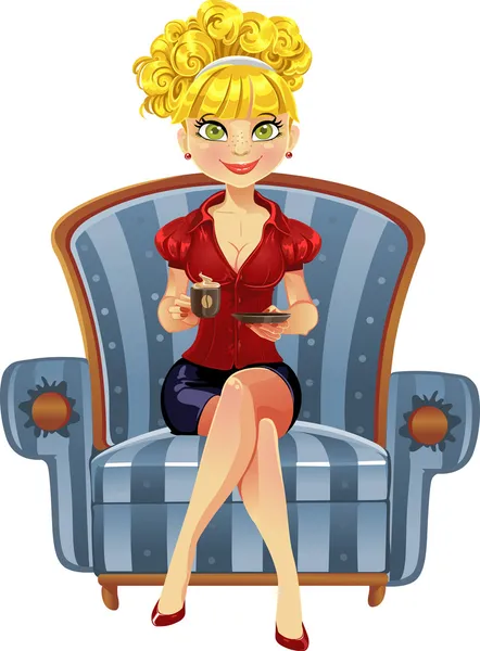 Красивая блондинка девушка в синей кресле с чашкой кофе — стоковый вектор