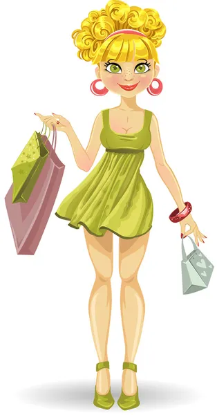 Bella ragazza bionda con borse della spesa in abito verde — Vettoriale Stock