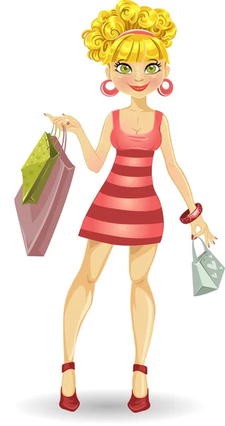 Beautiful blond girl with shopping bags in pink dress — Stock Vector