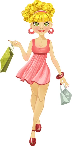 ピンクのドレスでの買い物客の女性 — ストックベクタ