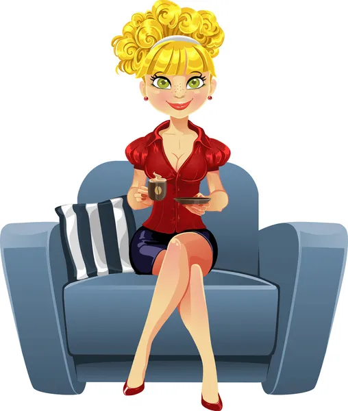 コーヒー カップと青い肘掛け椅子の美しいブロンドの女の子 — ストックベクタ
