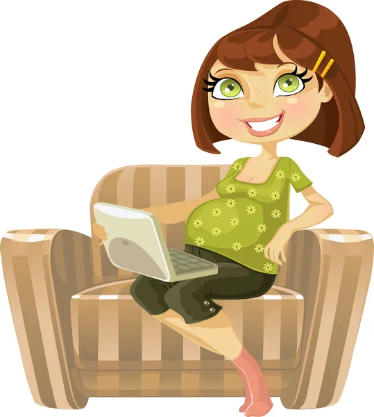 Femme très enceinte avec ordinateur portable en fauteuil beige — Image vectorielle