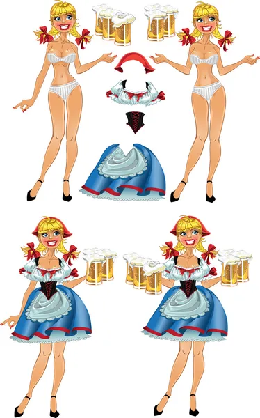 Octoberfest chica rubia con cerveza - muñeca para vestirse — Vector de stock