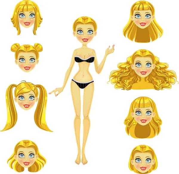 Blond girl with replaceable hairstyles — Stock Vector