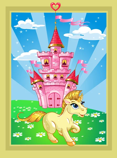 Fairytale landscape with pink magic castle and unicorn — Stock Vector