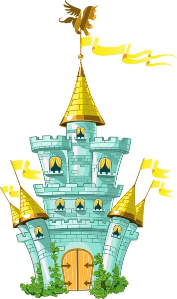 Castillo de cuento de hadas mágico azul con banderas — Vector de stock