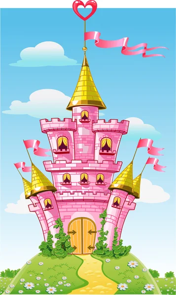 Magical fairytale pink castle with flags on summer background — Stock Vector