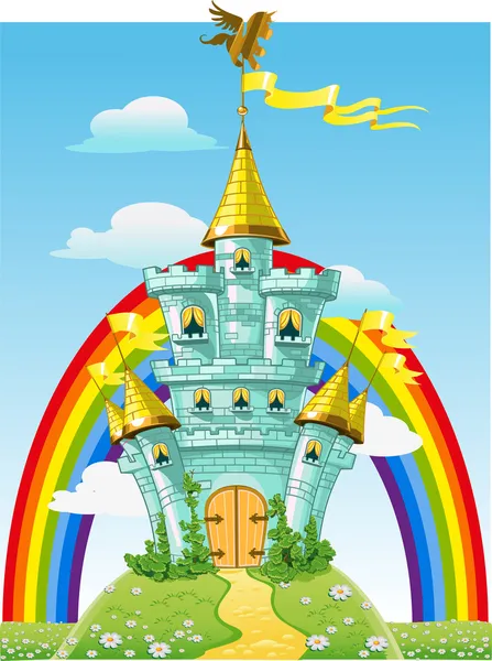 Castelo de conto de fadas mágico azul com bandeiras e arco-íris — Vetor de Stock