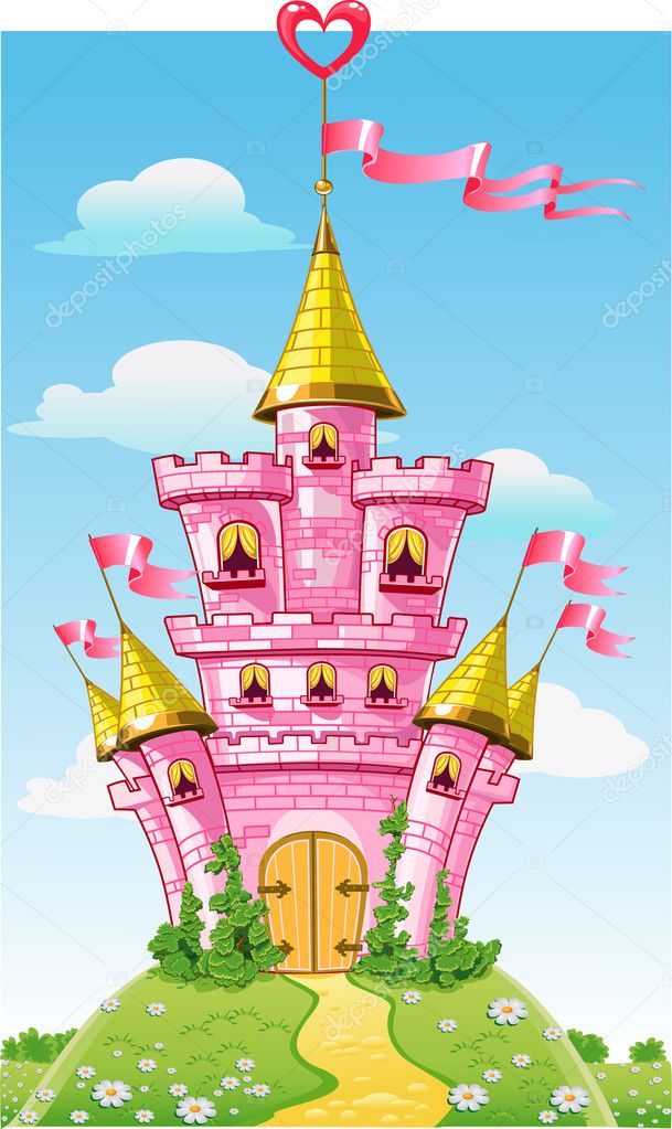 Magical fairytale pink castle with flags on summer background