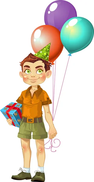 Ένα αγόρι με ένα δώρο για το πάρτι γενεθλίων — Διανυσματικό Αρχείο