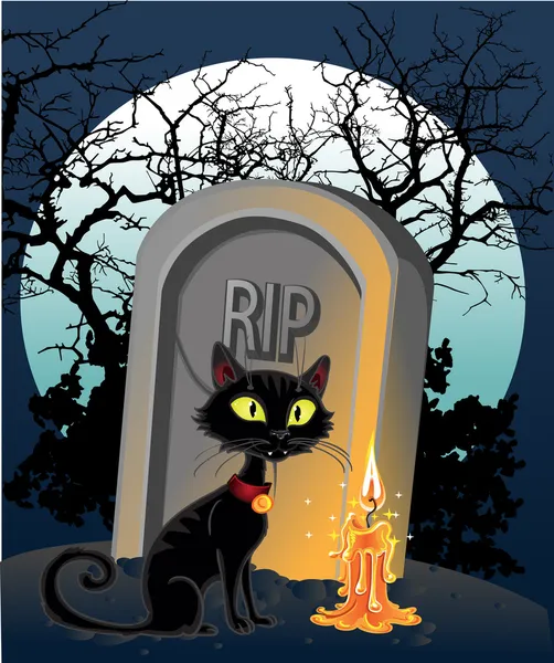 Прикраса на Хеллоуїн - могила з чорним котом вночі — стоковий вектор