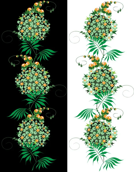 Ornament aus grünen und gelben Blüten auf schwarzem und weißem Hintergrund — Stockvektor