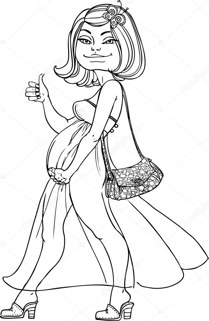 Pregnant woman in a beautiful dress and bag - everything is OK