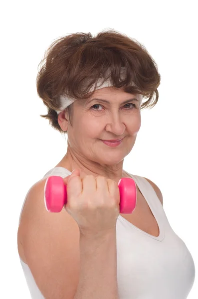 Portret van senior vrouw met dumbells — Stok fotoğraf