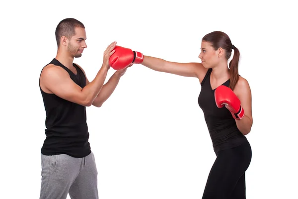 Mulher boxer com treinador — Fotografia de Stock