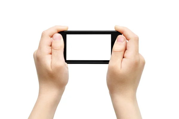 Holding smart phone, playing games — Stock Photo, Image