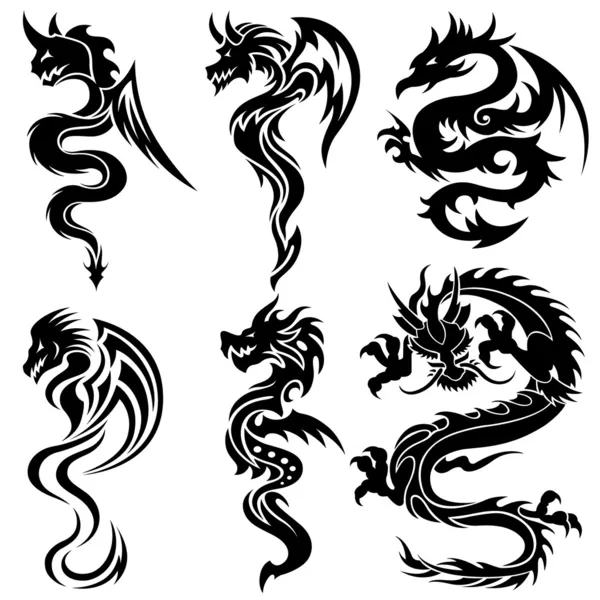 Set of the Chinese dragons, tribal tattoo — Stock Vector