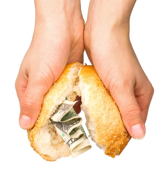 Broodje gevuld met geld — Stockfoto