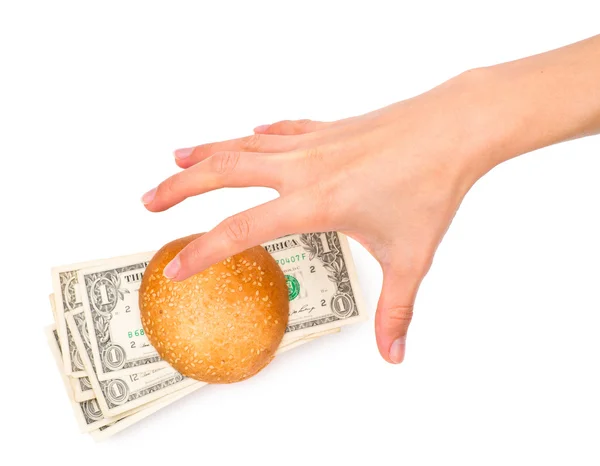 stock image Hand stealing a money-stuffed burger