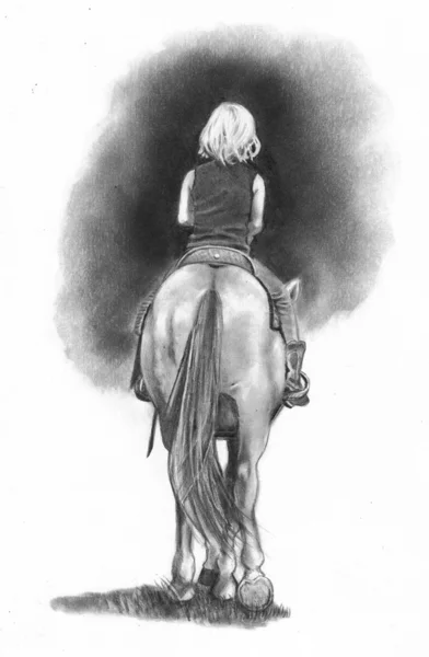Desenho a lápis de menina equitação cavalo — Fotografia de Stock