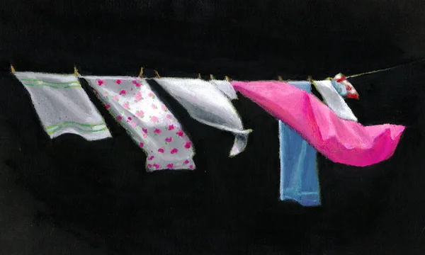 Oil Pastel of Laundry on the Line — Stock Photo, Image