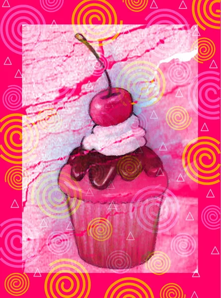 Cupcake met roze kers op kleurrijke achtergrond — Stockfoto