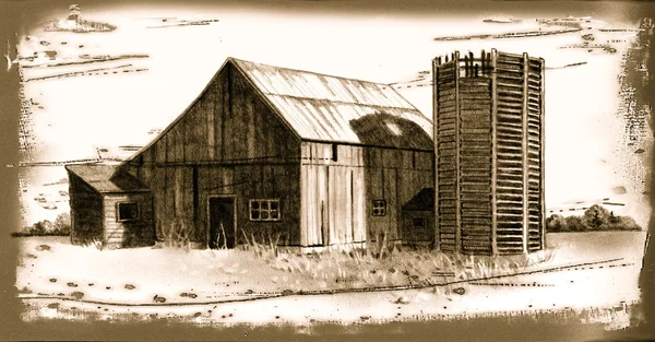 木制的谷仓和筒仓: 棕褐色绘图 — 图库照片