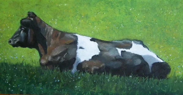 蜡笔绘画的荷斯坦奶牛躺在阳光下 — 图库照片