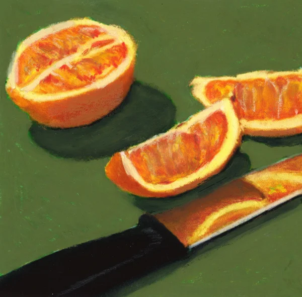 Malerei orangefarbener Segmente, die sich im Messer spiegeln — Stockfoto