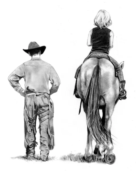 Dibujo a lápiz: Vaquero con estudiante a caballo Imagen de archivo